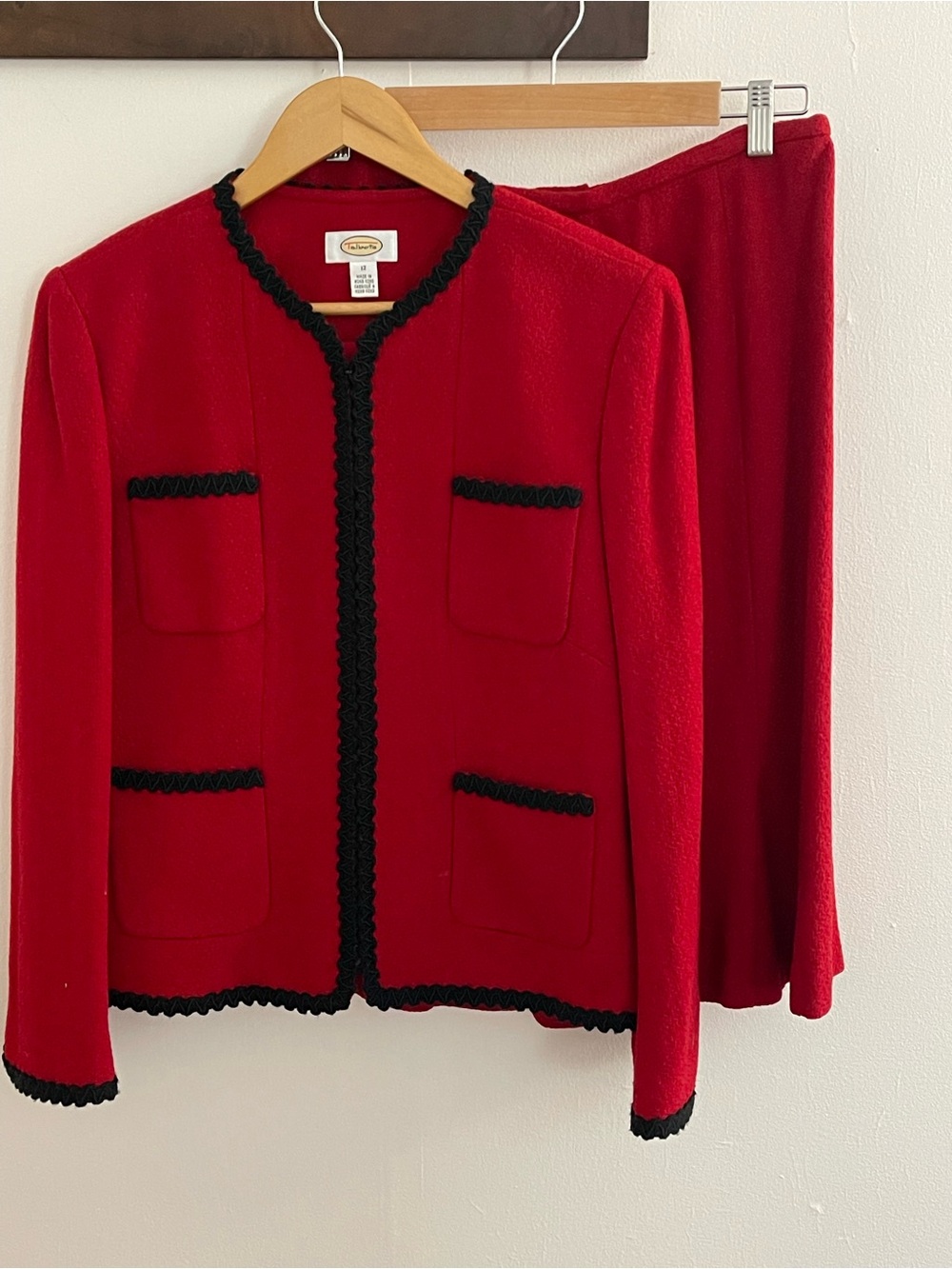 Vintage Talbots Red Wool Blend Skirt Suit 12 Black Trim